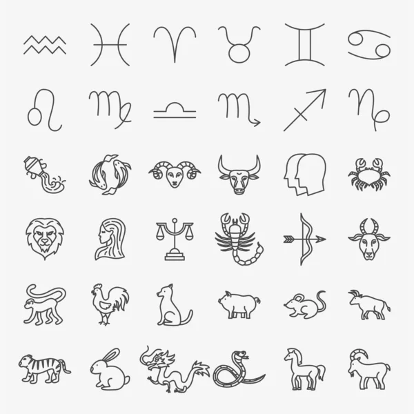 Zodiac Horoscope Line Icons Set Vector Thin Outline Chinese Culture — стоковый вектор