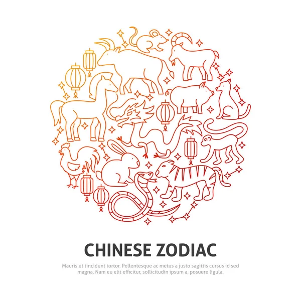Chinese Zodiac Circle Concept Vector Illustration Outline Design — Stock Vector