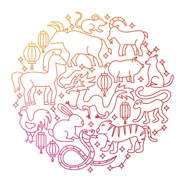 Chinese Zodiac Line Icon Circle Design Vector Illustration Outline Poster — Wektor stockowy