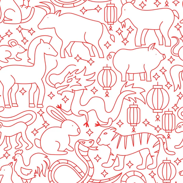 Chinese Zodiac Line Seamless Pattern Vector Illustration Outline Background — Stock Vector