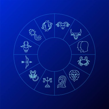 Blue Line Zodiac Circle. Vector Thin Outline Symbols.