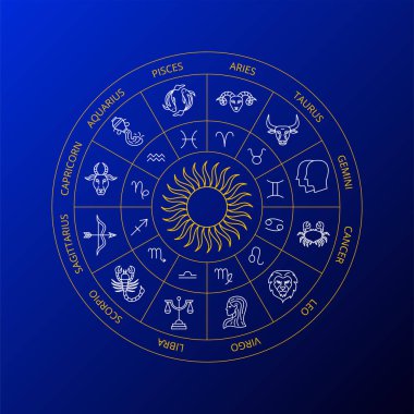 Blue Zodiac Circle. Vector Thin Outline Symbols.