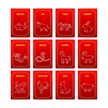 12 Chinese Zodiac Horoscope. Vector Illustration of Mini Paper Templates.