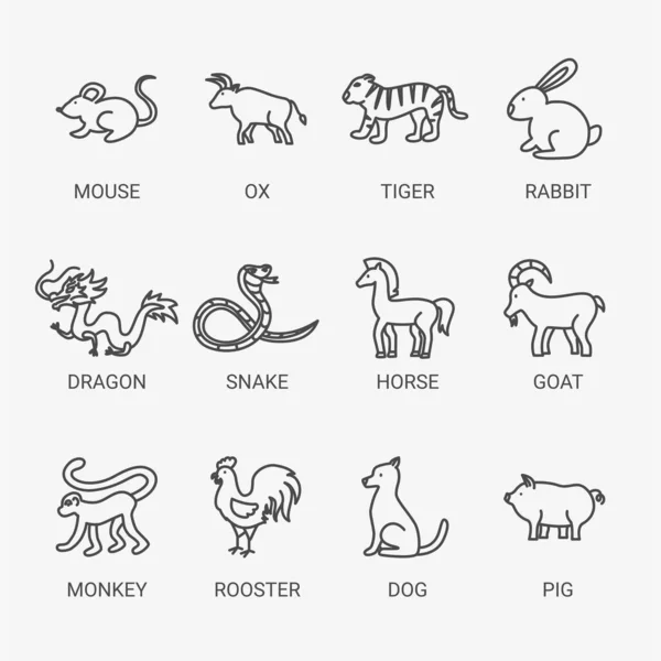 Chinese Zodiac Line Symbols Set Vector Thin Outline Sign — Stock Vector