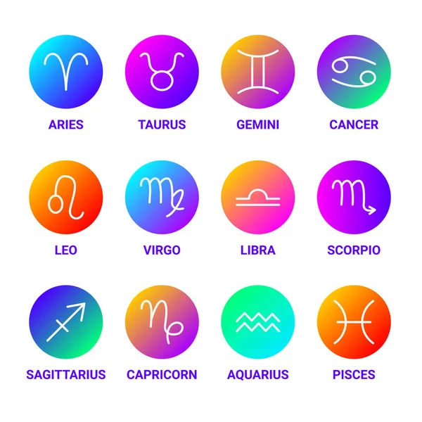 Zodiac Horoscope Line Circles Set Colorful Vector Thin Outline Symbols — Stok Vektör