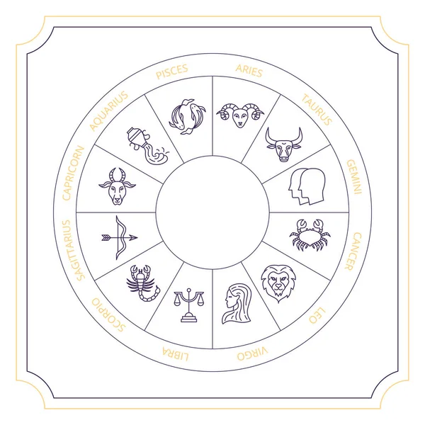 Black Yellow Zodiac Circle Vector Thin Outline Symbols — Vector de stock