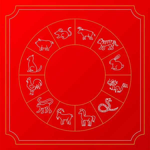 Chinese Zodiac Red Circle Vector Thin Outline China Culture Symbols — Stok Vektör