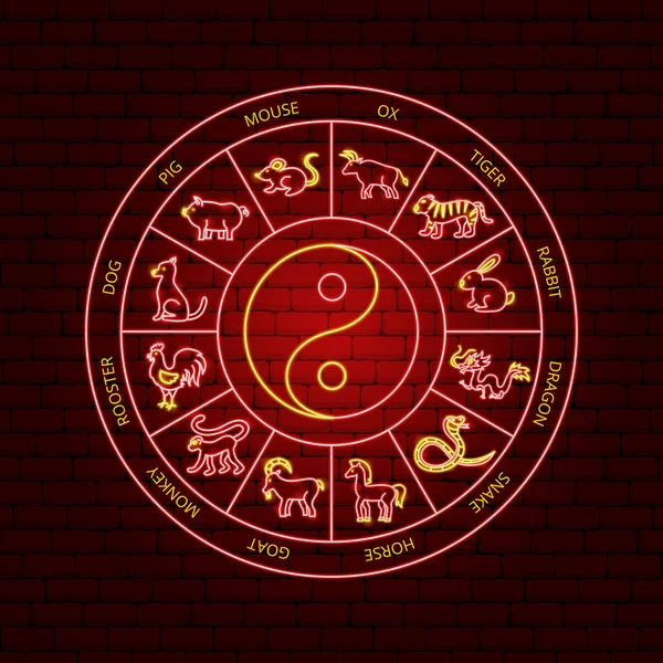 Chinese Zodiac Neon Circle Concept Vector Illustration Asia Promotion — Vector de stock