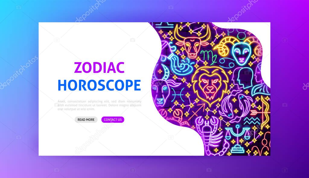 Zodiac Horoscope Neon Landing Page. Vector Illustration of Astrology Promotion.