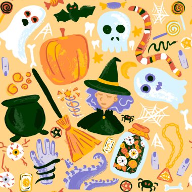 Cadılar Bayramı Çizimi Kusursuz Desen. El Yazması Numarasının Vektör İllüstrasyonu veya Tatil Arkaplanı.