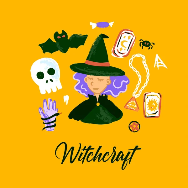 Cartão Postal Witchcraft Sketch Ilustração Vetorial Cartões Felicitações Mistério Bruxas — Vetor de Stock