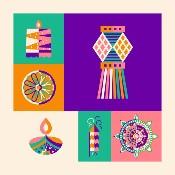 Diwali Düz Renk Sembolleri Hint Tatil Nesnesinin Vektör Llüstrasyonu — Stok Vektör