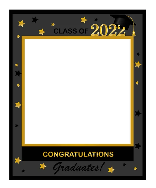 2022 sınıfı. Balo fotoğraf stüdyosu için aksesuarlar. Mezunlar için şapkalı bir fotoğraf çerçevesi. Mezunları yazıyla birlikte kutluyoruz. Vektör çizimi. Altın ve siyah mezun.