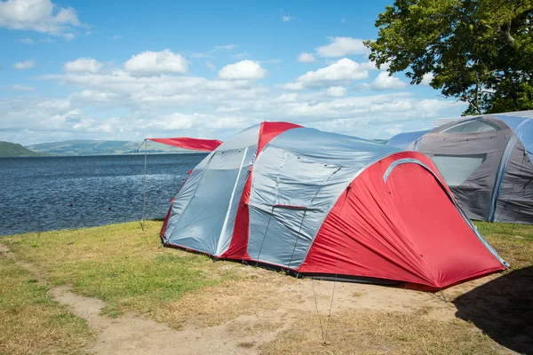 Tents on a camping site near a lake, Rotorua, New Zealand