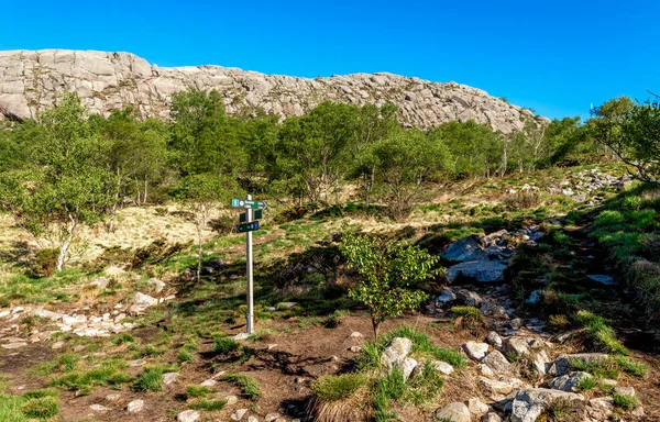 Poste Madera Con Flechas Que Muestran Distancia Las Cumbres Lifjel — Foto de Stock