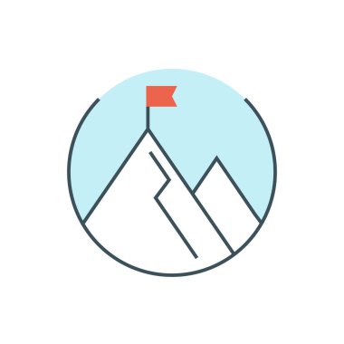 İnce çizgili iş ikonu. Doğrusal liderlik kavramı. Başarı hedefi. Dağın tepesinde bayrak var. Başarılı pazarlama vizyonu. Düzenlenebilir felç. Beyaz arka planda izole edilmiş. vektör illüstrasyonu