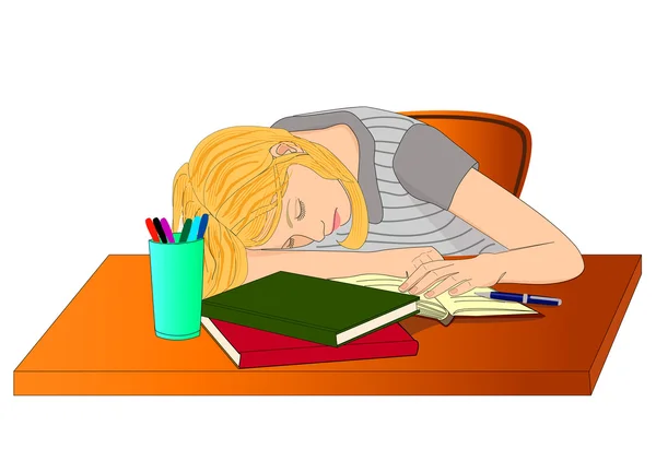 Durmiendo estudiante chica — Vector de stock