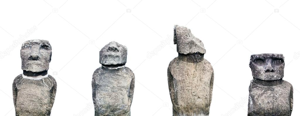 Four moai in Easter Island on white background