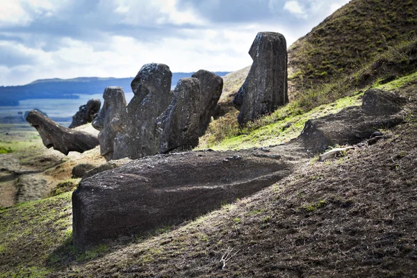Moai hoofden en tot vaststelling van moai op rano raruku berg in Paaseiland — Stockfoto