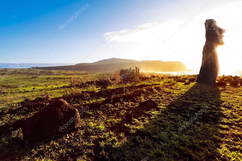 Standing moai at sunrise in Easter Island