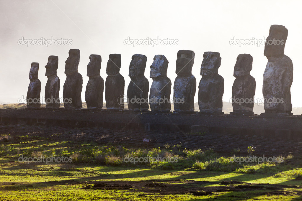Eleven standing moais in Easter Island