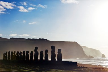 Mysterious stone statues against sea in Easter Island clipart