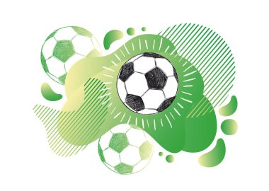 Futbol, futbol topu skeci. Akışkan soyut arkaplan. Akan sıvı şekilli pankartlar.