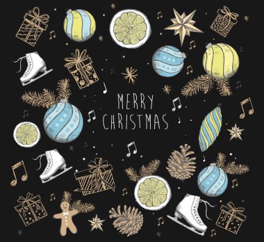 Noel ve yeni yıl seti, ağaç, oyuncaklar. El çizimi illüstrasyon.