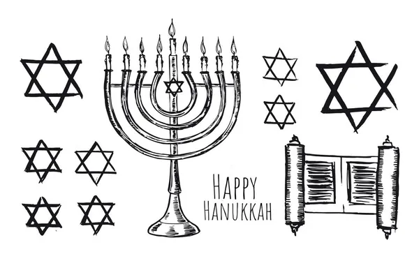 Hanukkah Com Velas Férias Estrelas David Hebraico Ilustração Vetorial —  Vetores de Stock