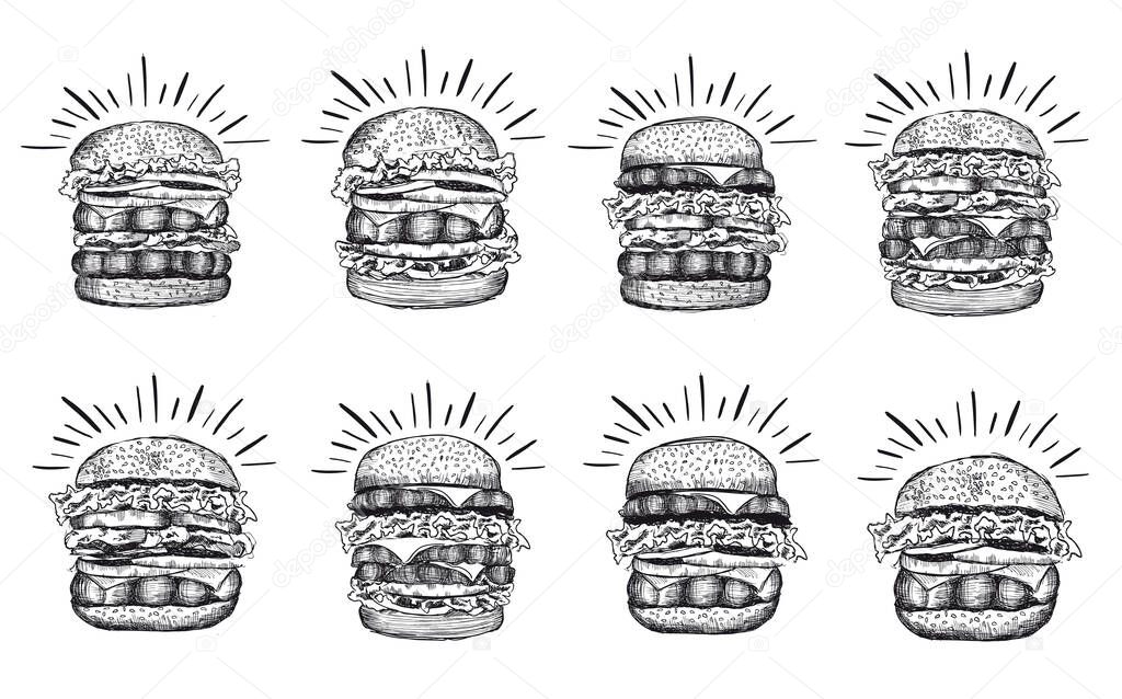Burger set on white background.