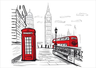 Telefon hattı ve mimarisi olan Londra şehri manzarası. El çizimi illüstrasyon, Vektör.