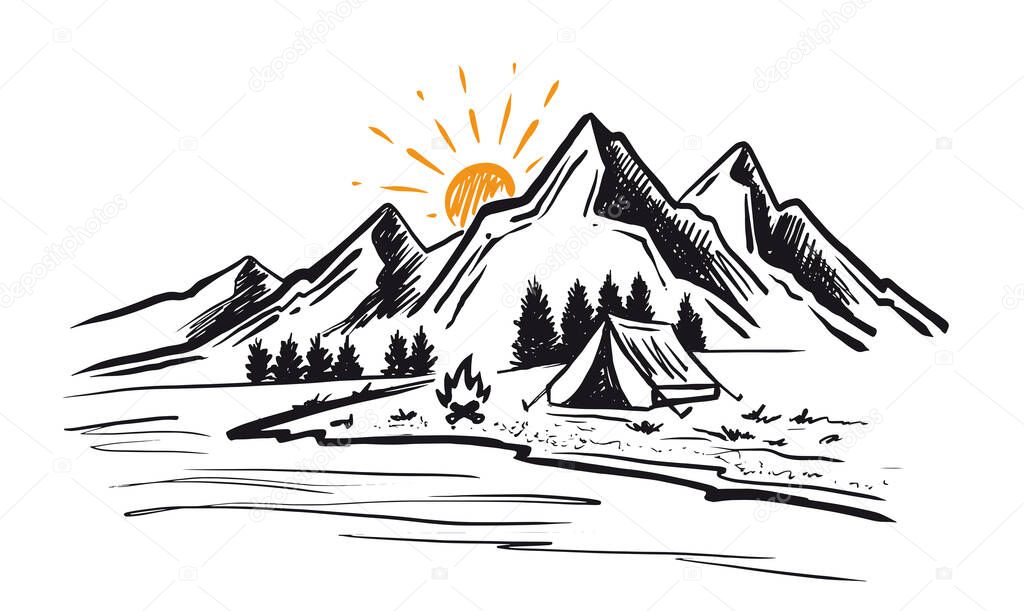 Camping in nature, camp tent, Mountain landscape, sketch style, vector illustrations.