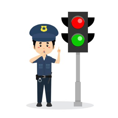 Polis üniforması giyen mutlu şirin çocuk trafik lambasının yanında dur.