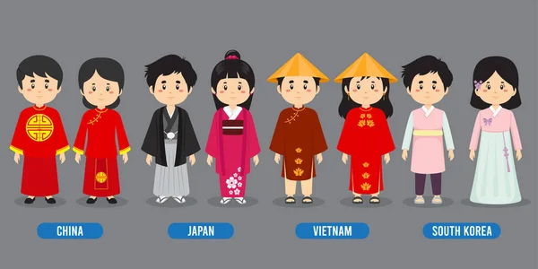 Personaje Diferentes Trajes Nacionales — Vector de stock