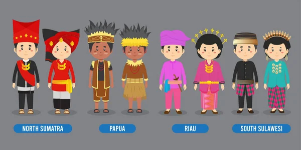 Character Different Indonesian Traditional Costumes — Stock Vector