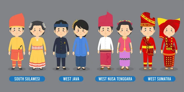 Character Different Indonesian Traditional Costumes — Vetor de Stock