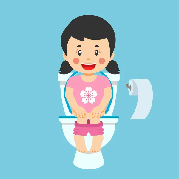Happy Cute Kid Girl Sit Toilet — стоковый вектор