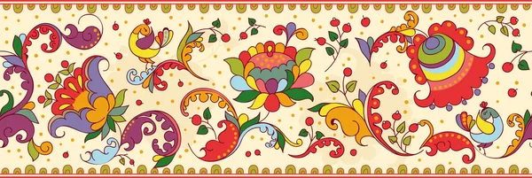 Impression Folklorique Dans Style Russe Motif Floral Avec Deux Oiseaux — Image vectorielle