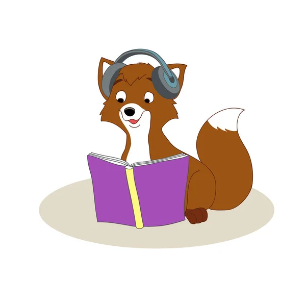 一只小狐狸正在看一本带耳机的书 学一门外语 — 图库矢量图片