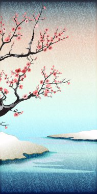 Japon tarzında, kiraz ağacı ve sakura ile manzara. Klasik tarzda soyut sanat duvar kâğıdı.