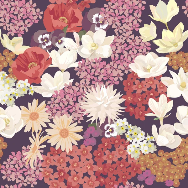 无缝隙的花朵背景 色彩艳丽的花朵 时尚印刷品的精美模板 — 图库矢量图片