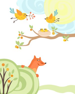 Illustration of a fox hiding behind a bush and watching chicks in the nest.
