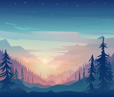 Vector. Mountains and forest landscape in early daylight. Beautiful geometric illustrations.