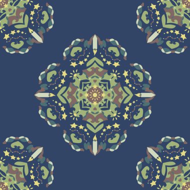 Kusursuz desen. Noel teması. Mumları, kalpleri ve yıldızları olan güzel mandalalar. Arkaplan rengi mavi. Vektör illüstrasyonu.