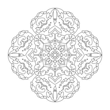Noel mandala 'sı. Mumlar, kalpler ve yıldızlar. Boyama sayfası. Vektör illüstrasyonu.