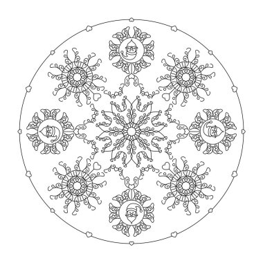 Noel mandala 'sı. Noel Baba kafası, süslü kar taneleri ve küçük kalpler. Noel boyama sayfası. Vektör illüstrasyonu.