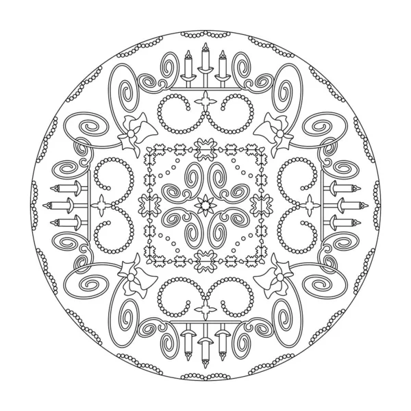 Página Para Colorear Navidad Mandala Con Candelabros Espirales Terapia Arte — Archivo Imágenes Vectoriales