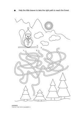 Labirent oyunu. Noel teması. Küçük kunduzun doğru yolu bulmasına yardım et. Oyun ve boyama. Vektör çizimi. İngilizce.