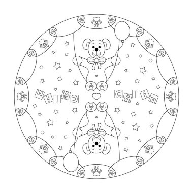 Cuddly bear. Cute on his swing with his balloon. Mandala coloring page. With the word hug. Text in french language. Vector.