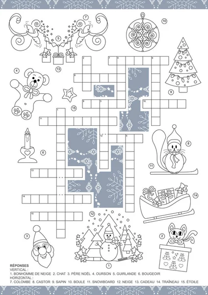Кроссворд Рождественская Тема Кроссворд Игры Детей Страница Игры Раскраски Французский — стоковый вектор